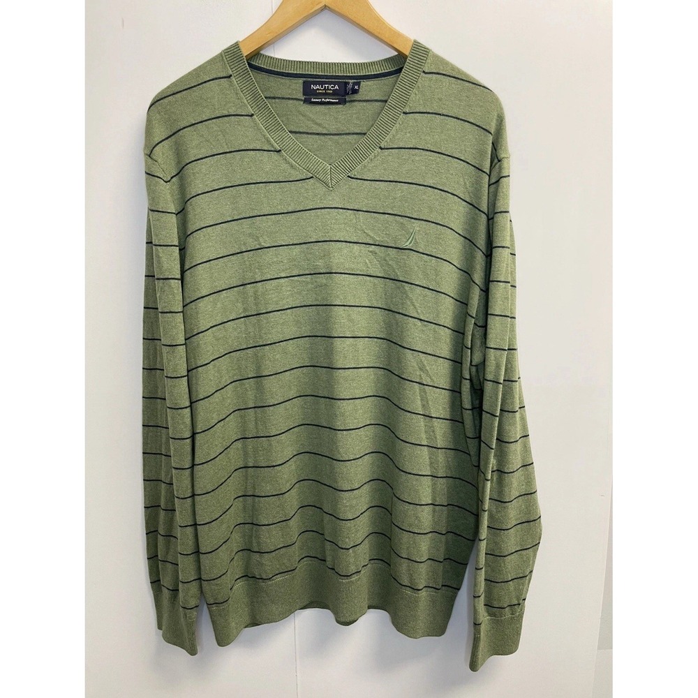 NAUTICA Sweater Men's XL Pullover Green Long Sleeve Navy Striped Logo Embroidery